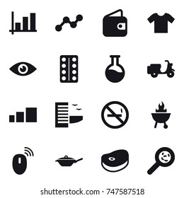 16 vector icon set : graph, wallet, t-shirt, hotel, no smoking, bbq, pan, viruses