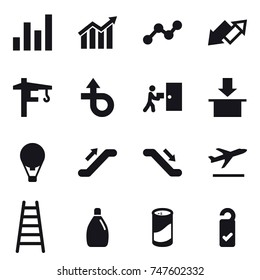16 vector icon set : graph, diagram, up down arrow, tower crane, air ballon, escalator, departure, stairs, cleanser, cleanser powder, please clean