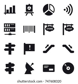 16 vector icon set : graph, presentation, diagram, wireless, server, barcode, store signboard, shop signboard, singlepost, escalator, signpost, satellite antenna
