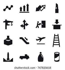 16 vector icon set : graph, graph up, up down arrow, lipstick, tower crane, escalator, departure, stairs, pickup, cleanser, cleanser powder