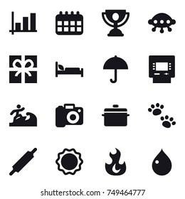 16 vector icon set : graph, calendar, trophy, ufo, gift, atm, surfer, camera, pan, pets, rolling pin, drop
