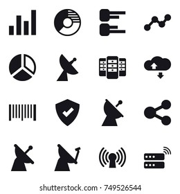 16 vector icon set : graph, circle diagram, diagram, satellite antenna, server, cloude service, barcode