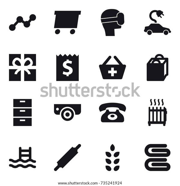 16 vector icon set : graph, delivery, virtual\
mask, electric car, gift, receipt, add to basket, shopping bag,\
surveillance camera, phone, radiator, pool, rolling pin, spikelets,\
stack of towels