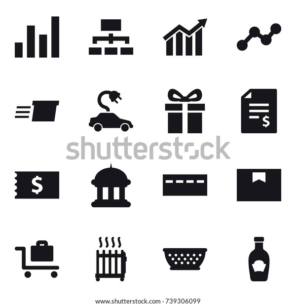 16 vector icon set :\
graph, hierarchy, diagram, delivery, electric car, gift, account\
balance, receipt, goverment house, bunker, baggage trolley,\
radiator, kolander