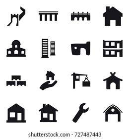 16 vector icon set : great wall, bridge, home, mansion, skyscrapers, slum, modular house, block wall, real estate, bungalow, wrench, barn