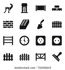 16 vector icon set : great wall, building, fence, brick wall construction, watch, power socket, farm fence, scraper