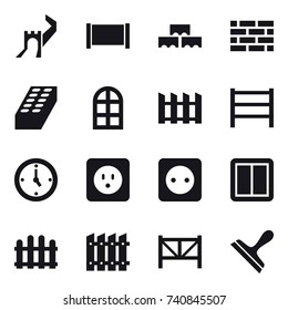 16 vector icon set : great wall, fence, block wall, brick wall, brick, arch window, watch, power socket, power switch, farm fence, scraper