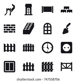 16 vector icon set : great wall, building, fence, brick wall, brick, arch window, construction, watch, power socket, power switch, farm fence