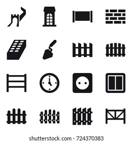 16 vector icon set : greate wall, building, fence, brick wall, brick, construction, watch, power socket, power switch, farm fence