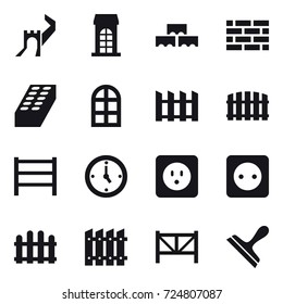16 vector icon set : greate wall, building, block wall, brick wall, brick, arch window, fence, watch, power socket, farm fence, scraper