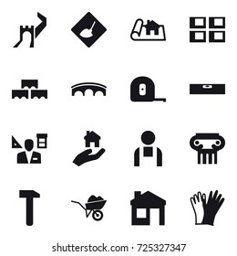 16 vector icon set : greate wall, under construction, project, panel house, block wall, bridge, measuring tape, level, architector, real estate, antique column, wheelbarrow, house, gloves