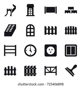 16 vector icon set : greate wall, building, fence, block wall, brick, arch window, watch, power socket, power switch, farm fence, scraper