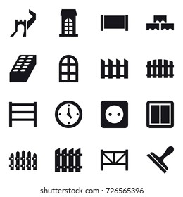 16 vector icon set : greate wall, building, fence, block wall, brick, arch window, watch, power socket, power switch, farm fence, scraper