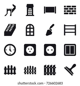 16 vector icon set : greate wall, building, fence, brick wall, brick, arch window, construction, watch, power socket, power switch, scraper