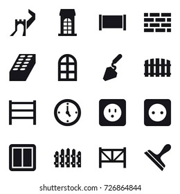 16 vector icon set : greate wall, building, fence, brick wall, brick, arch window, construction, watch, power socket, power switch, farm fence, scraper