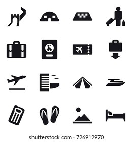 16 vector icon set : greate wall, dome house, taxi, passenger, suitcase, passport, ticket, baggage get, departure, hotel, tent, yacht, inflatable mattress, flip-flops, landscape, bed