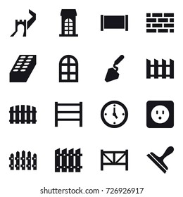 16 vector icon set : greate wall, building, fence, brick wall, brick, arch window, construction, watch, power socket, farm fence, scraper