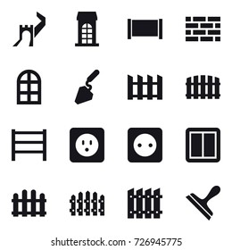 16 vector icon set : greate wall, building, fence, brick wall, arch window, construction, power socket, power switch, scraper