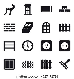 16 vector icon set : greate wall, building, fence, block wall, brick wall, brick, arch window, watch, power socket, power switch, scraper