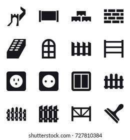 16 vector icon set : greate wall, fence, block wall, brick wall, brick, arch window, power socket, power switch, farm fence, scraper