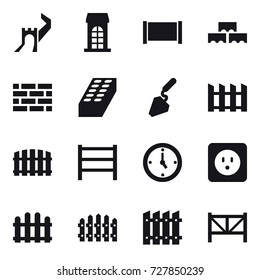 16 vector icon set : greate wall, building, fence, block wall, brick wall, brick, construction, watch, power socket, farm fence