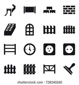 16 vector icon set : greate wall, fence, block wall, brick wall, brick, arch window, watch, power socket, farm fence, scraper