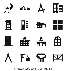 16 vector icon set : greate wall, drawbridge, draw compass, houses, building, skyscrapers, house with garage, window, door, university, fort, arch window, drawing compass, antique column, farm fence