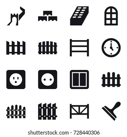 16 vector icon set : greate wall, block wall, brick, arch window, fence, watch, power socket, power switch, farm fence, scraper