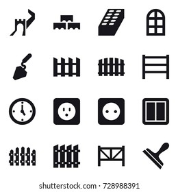 16 vector icon set : greate wall, block wall, brick, arch window, construction, fence, watch, power socket, power switch, farm fence, scraper
