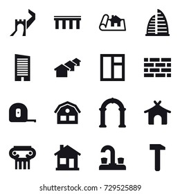 16 vector icon set : greate wall, bridge, project, skyscraper, houses, window, brick wall, measuring tape, house, arch, bungalow, antique column, home, water tap