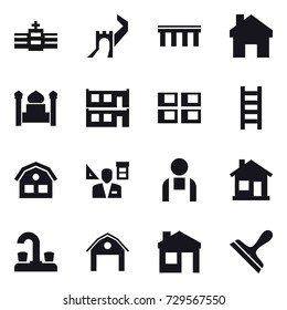 16 vector icon set : greate wall, bridge, home, minaret, modular house, panel house, stairs, house, architector, water tap, barn, scraper