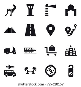 16 vector icon set : greate wall, airport tower, lighthouse, minaret, pyramid, train, baggage trolley, hotel, transfer, palm hammock, compass, do not distrub