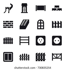 16 vector icon set : greate wall, building, fence, block wall, brick wall, brick, arch window, power socket, power switch, farm fence