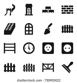 16 vector icon set : greate wall, building, block wall, brick wall, brick, arch window, construction, fence, watch, power socket, farm fence, scraper