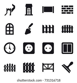 16 vector icon set : greate wall, building, fence, brick wall, arch window, construction, watch, power socket, power switch, farm fence, scraper