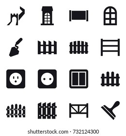 16 vector icon set : greate wall, building, fence, arch window, construction, power socket, power switch, farm fence, scraper