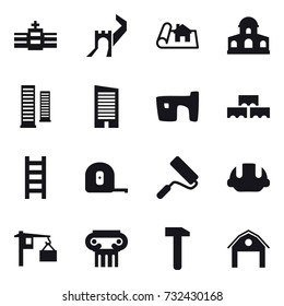 16 vector icon set : greate wall, project, mansion, skyscrapers, skyscraper, slum, block wall, stairs, measuring tape, repair, building helmet, antique column, barn