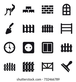 16 vector icon set : greate wall, block wall, brick wall, arch window, construction, fence, watch, power socket, power switch, farm fence, scraper