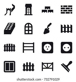 16 vector icon set : greate wall, building, block wall, brick wall, brick, arch window, construction, fence, power socket, power switch, farm fence, scraper