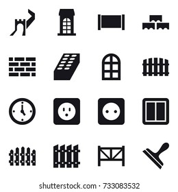 16 vector icon set : greate wall, building, fence, block wall, brick wall, brick, arch window, watch, power socket, power switch, farm fence, scraper