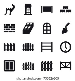 16 vector icon set : greate wall, building, fence, block wall, brick wall, brick, arch window, construction, watch, power switch, farm fence