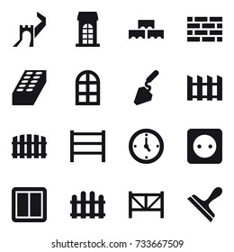 16 vector icon set : greate wall, building, block wall, brick wall, brick, arch window, construction, fence, watch, power socket, power switch, farm fence, scraper