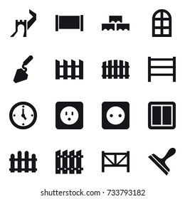 16 vector icon set : greate wall, fence, block wall, arch window, construction, watch, power socket, power switch, farm fence, scraper