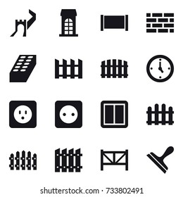 16 vector icon set : greate wall, building, fence, brick wall, brick, watch, power socket, power switch, farm fence, scraper