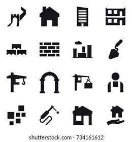 16 vector icon set : greate wall, home, skyscraper, modular house, block wall, brick wall, city, construction, tower crane, arch, house, housing