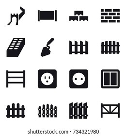 16 vector icon set : greate wall, fence, block wall, brick wall, brick, construction, power socket, power switch, farm fence