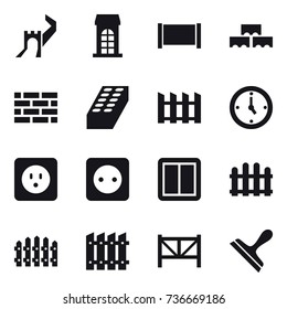 16 vector icon set : greate wall, building, fence, block wall, brick wall, brick, watch, power socket, power switch, farm fence, scraper