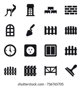 16 vector icon set : greate wall, building, block wall, brick wall, arch window, construction, fence, watch, power socket, power switch, farm fence, scraper