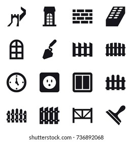 16 vector icon set : greate wall, building, brick wall, brick, arch window, construction, fence, watch, power socket, power switch, farm fence, scraper