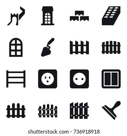 16 vector icon set : greate wall, building, block wall, brick, arch window, construction, fence, power socket, power switch, scraper